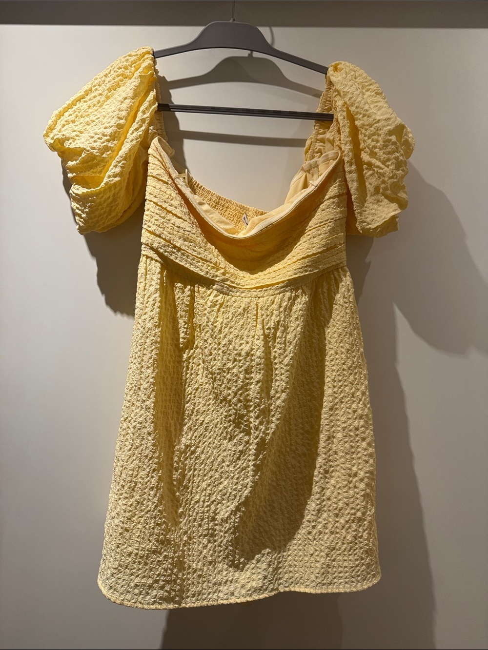 Abercrombie + Fitch Yellow Puff-Sleeve Textured Dress/Romper